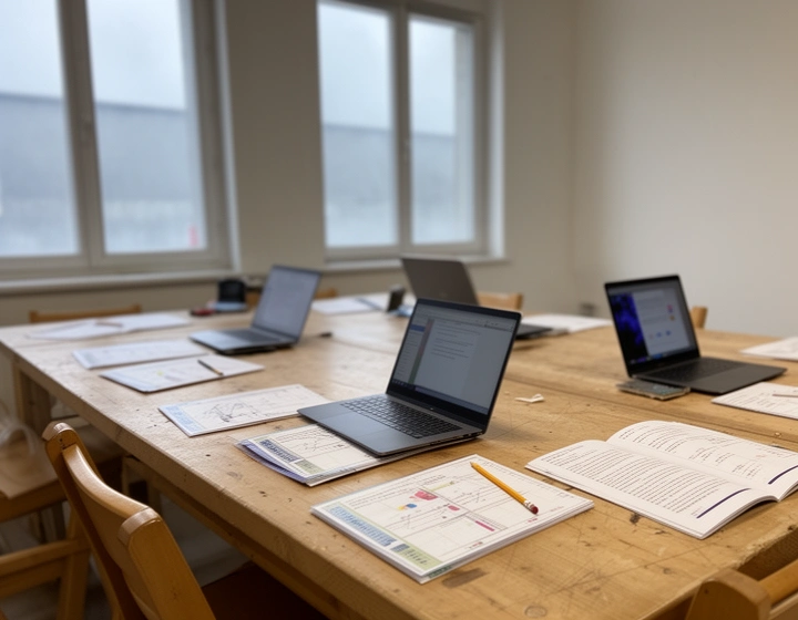 Table d'atelier avec quatre ordinateurs portables et des cahiers d'exercices