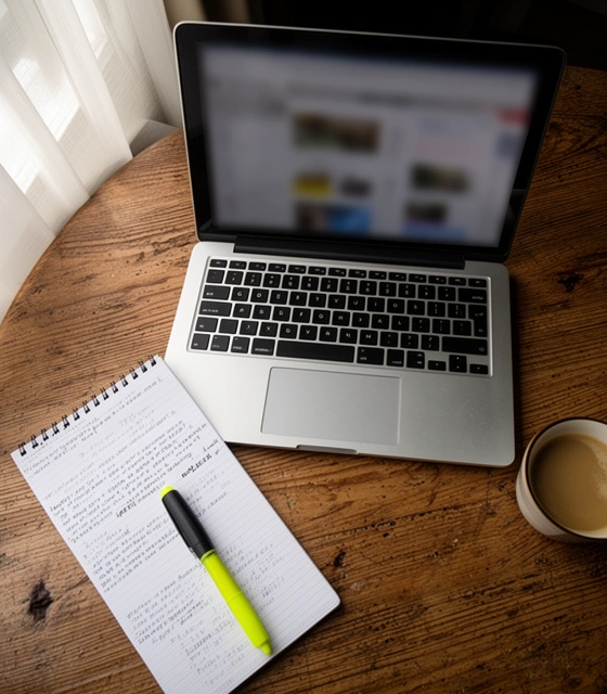 Ordinateur portable ouvert et carnet annoté sur un bureau en bois