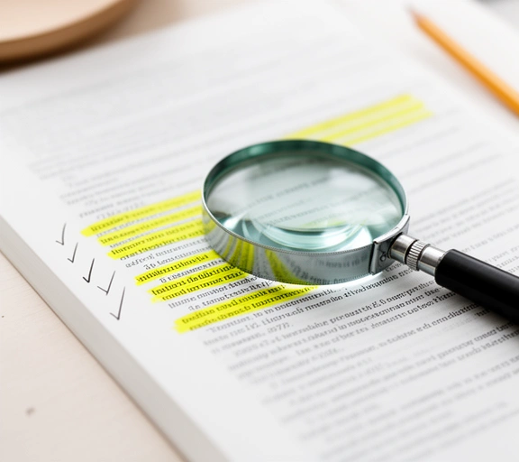 Loupe posée sur un document imprimé surligné
