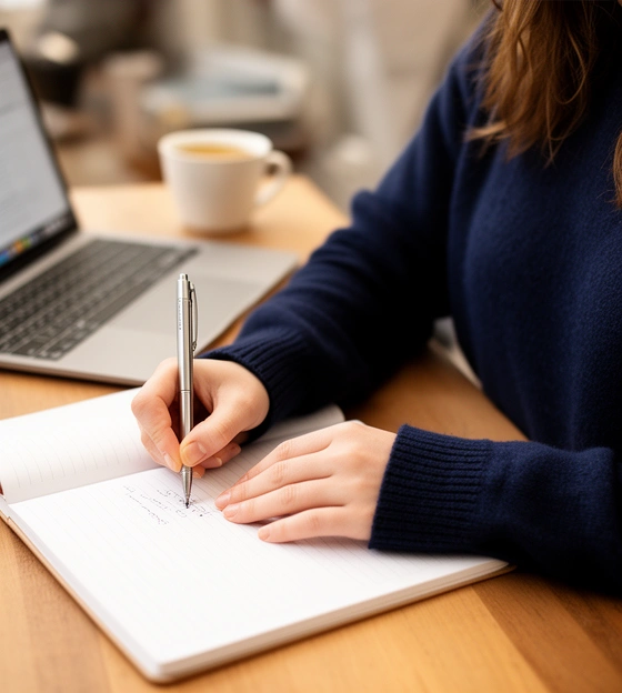 Mains qui prennent des notes pendant une réunion, tasse de café à côté