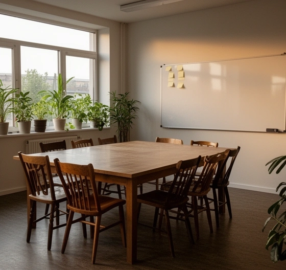 Salle d'atelier lumineuse avec une grande table et huit chaises