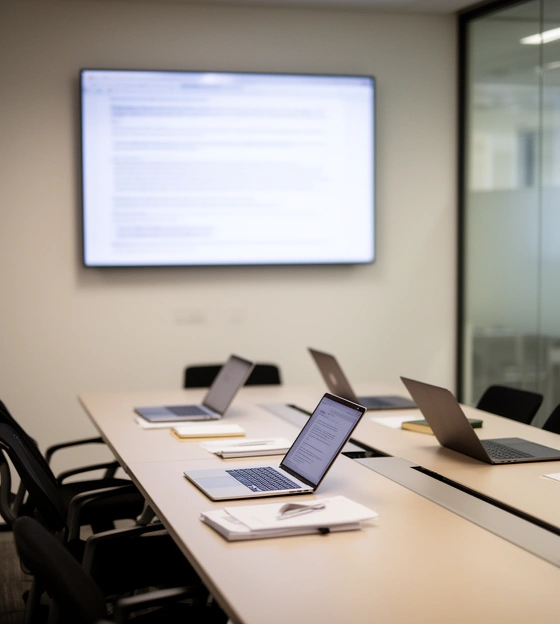 Salle de réunion d'entreprise avec écran et ordinateurs portables ouverts