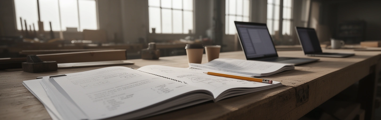 Cahiers d'exercices ouverts et ordinateurs sur une table d'atelier